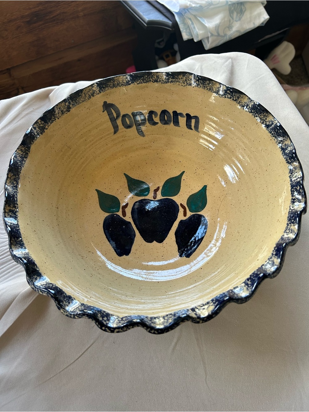 Hand-Painted Yellow “10” Ceramic Popcorn Bowl with Blue Apple Motif